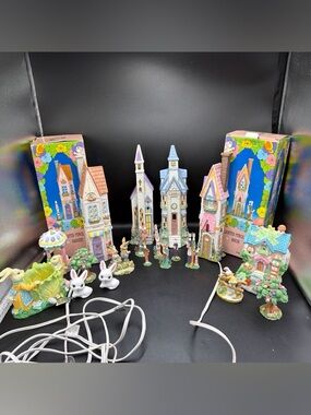 Huge Set VTG Lighted Pencil Set Easter Decor House and Rabbit Figures With Box